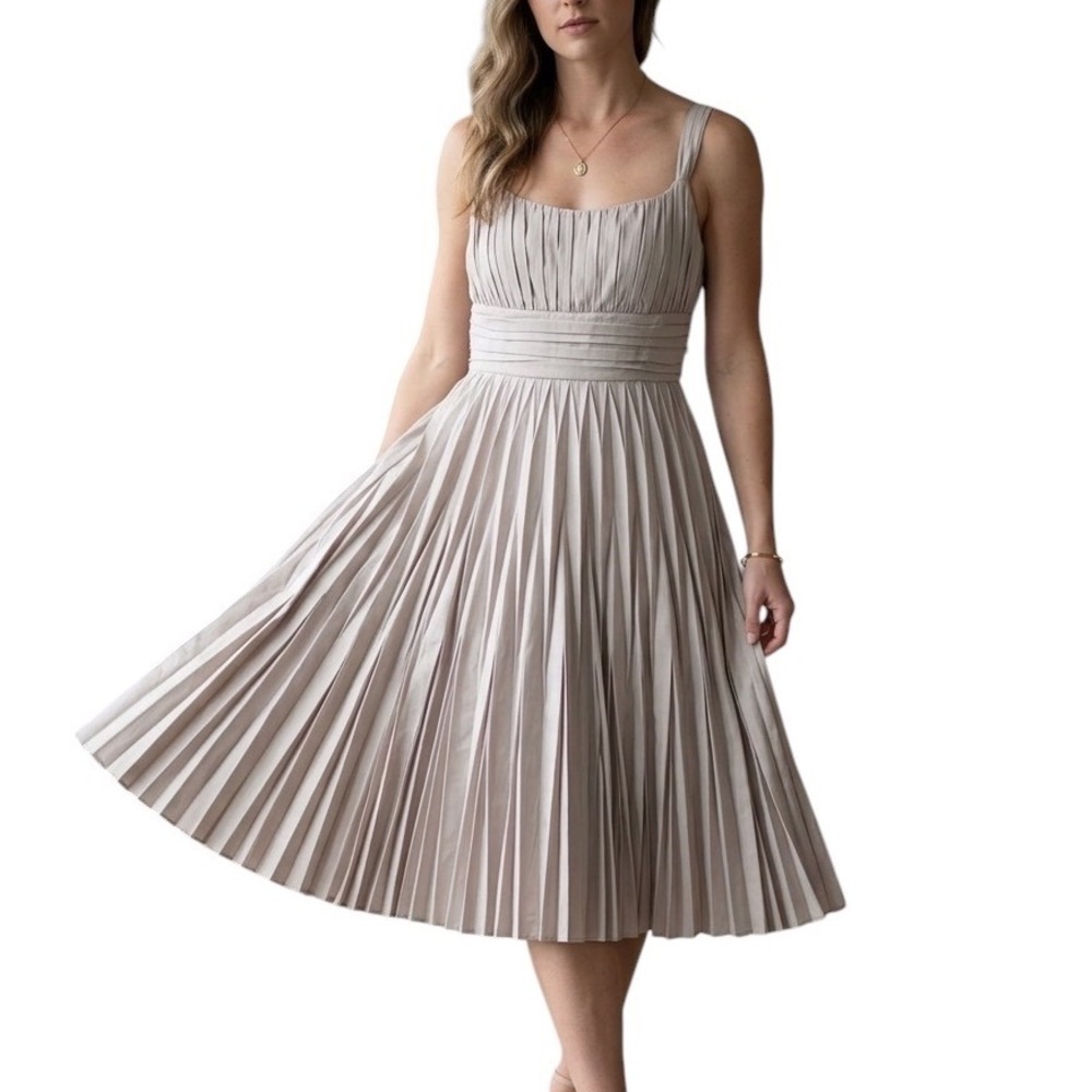AK Anne Klein Women 6 Petite Stone Pleated Fit & Flare Midi Dress Square Neck